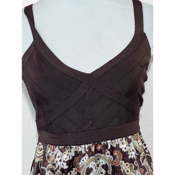 BEBE Disco Dress 70’s Retro Silk Sz M Bandage Knit Top Sleeveless Ruffle Paisley - Picture 4 of 9